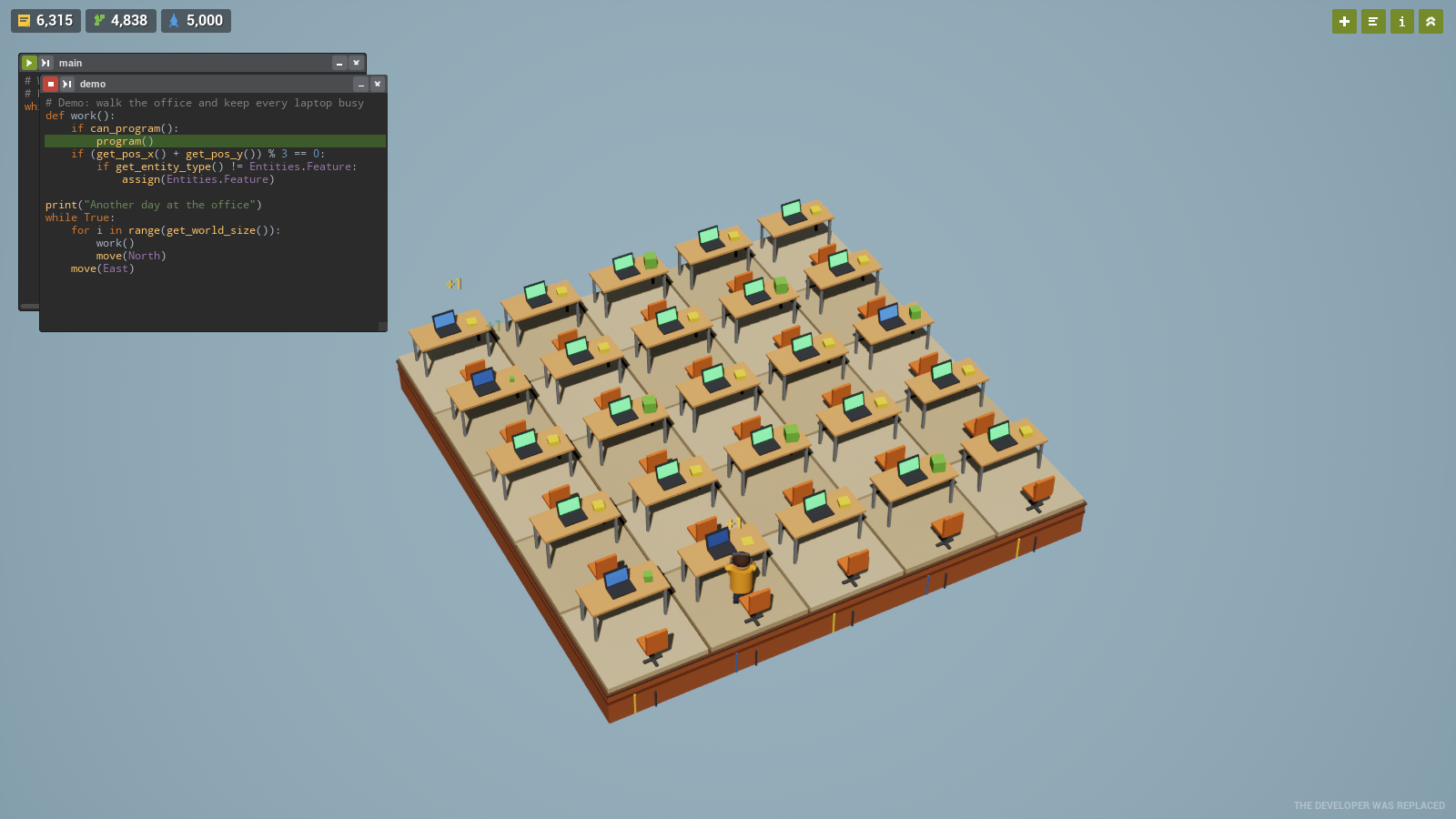 A 4 by 4 grid of office desks on a floating island. A code window on the left highlights the line that is currently running.